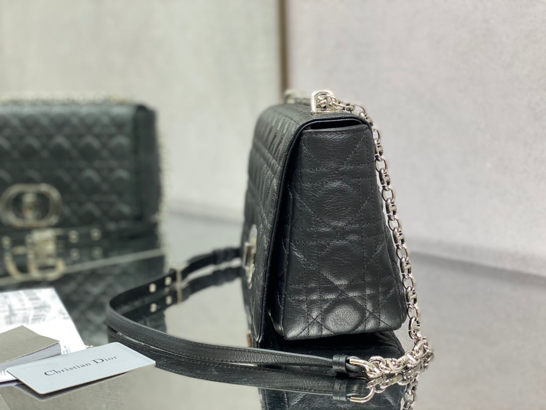 Dior Caro 大號28cm-黑色銀扣小牛皮
