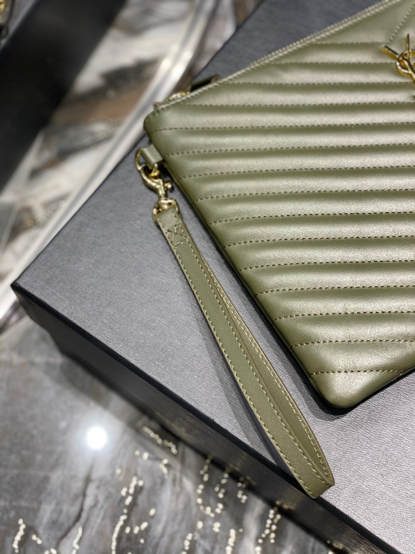YSL_提花拼接文件手拿包-綠色金扣-30cm