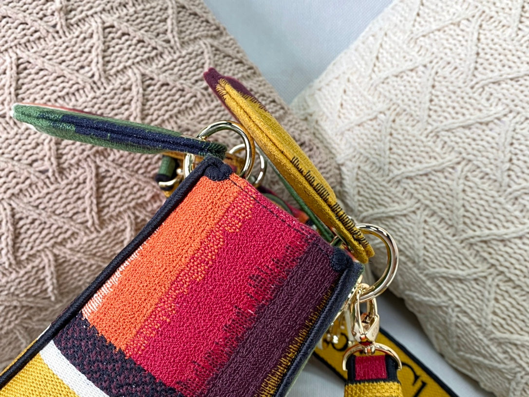 Dior Lady D-Lite黛妃包-帆布刺繡-多色條紋