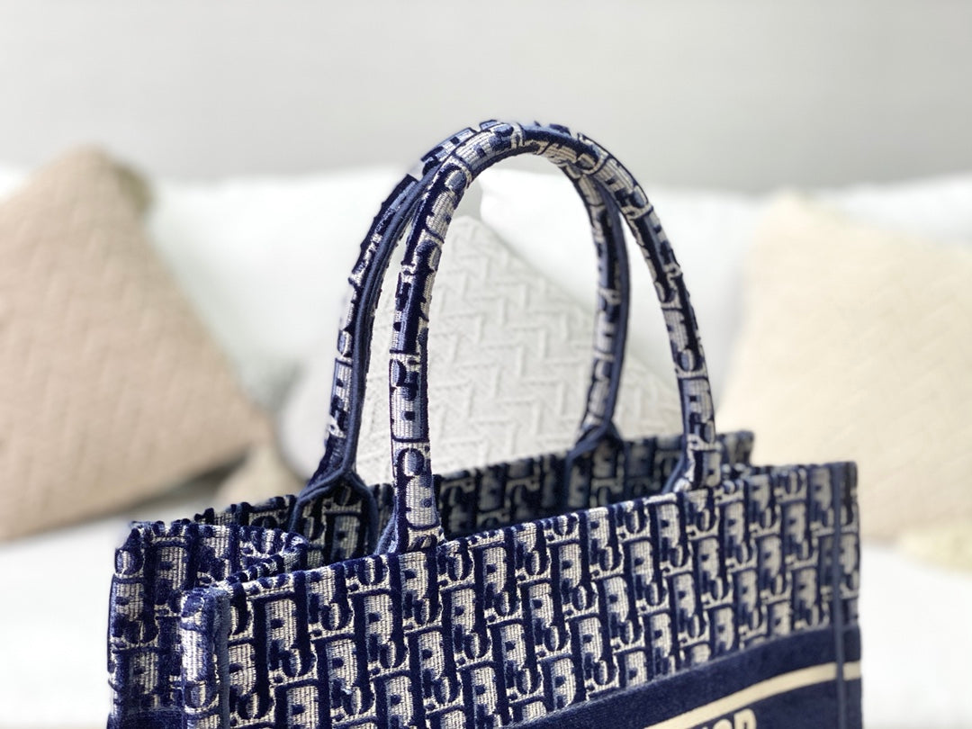 Dior Book Tote-小號36.5cm-深藍老花天鵝絨
