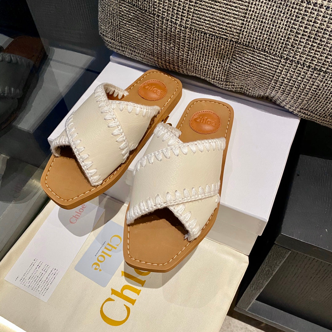 克羅C-交叉皮革平底拖鞋（（尺碼35-39，40-42訂製）