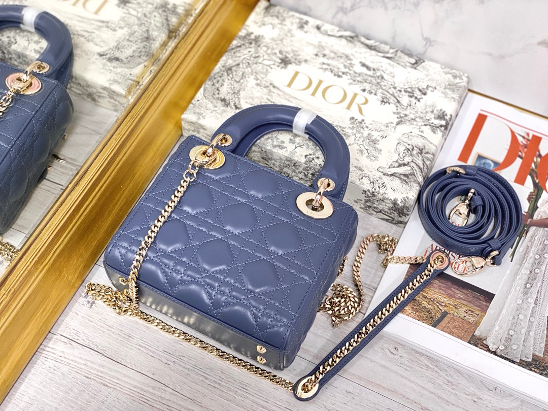 Dior-Mini Lady Dior手袋-三格黛妃-17cm-深藍丹寧金扣
