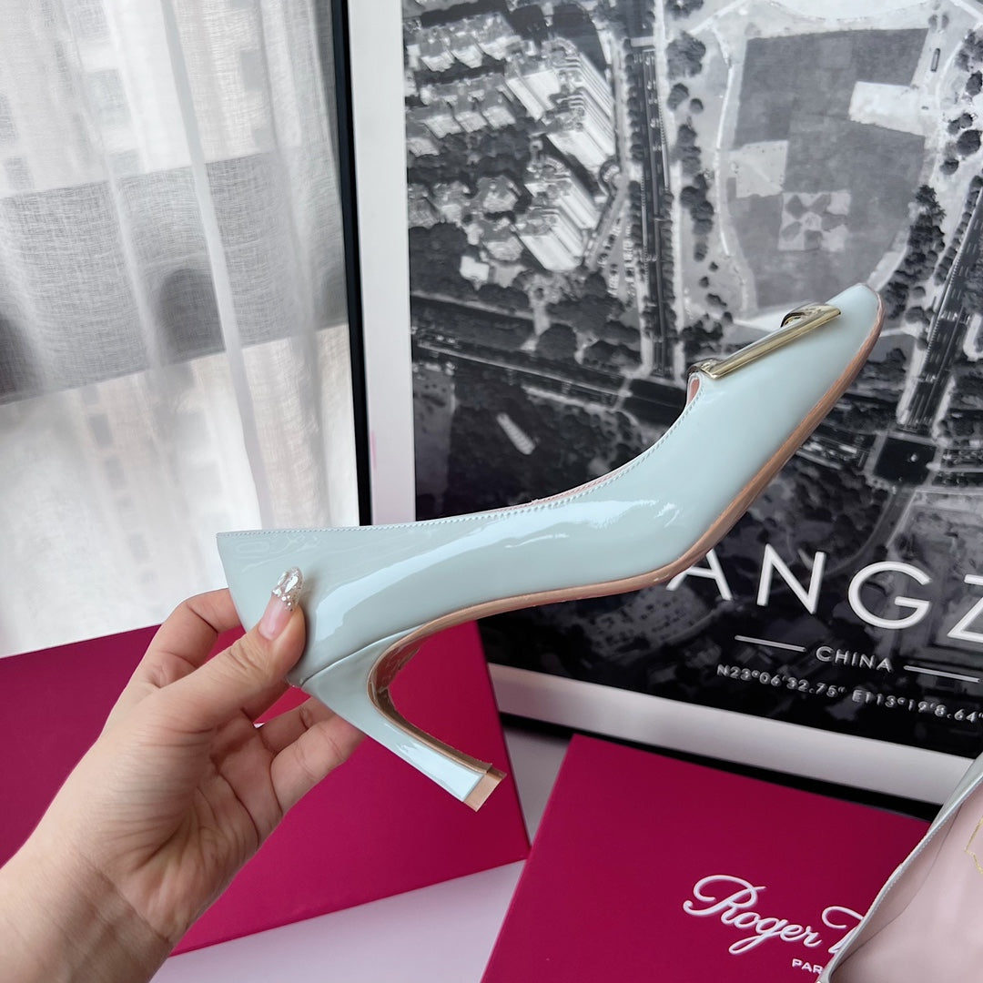 R方扣頭鞋-經典高跟鞋 7.5cm 灰藍色