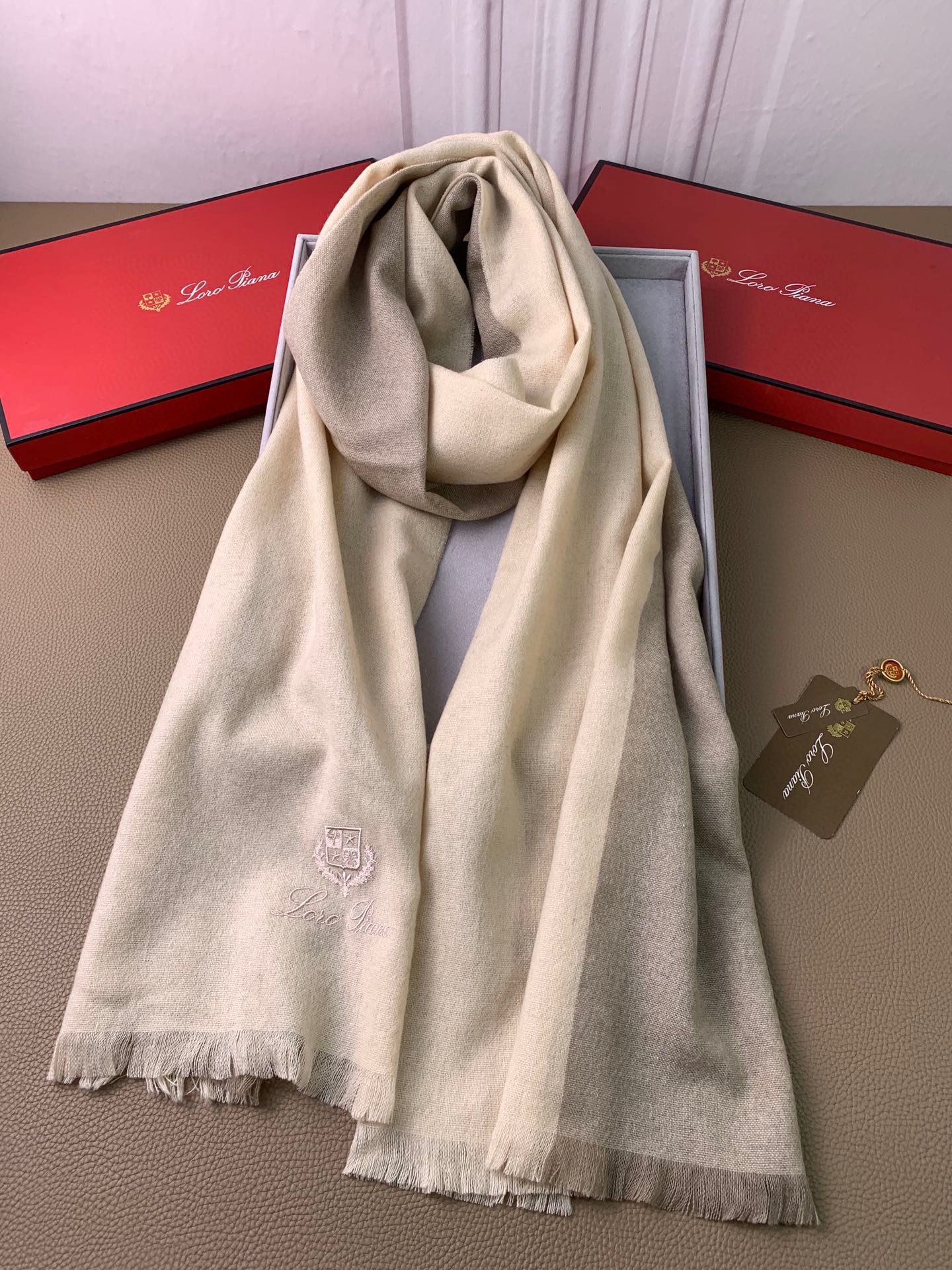 L-Piana-拼接羊毛混料圍巾 200*75cm 100%羊毛 米色
