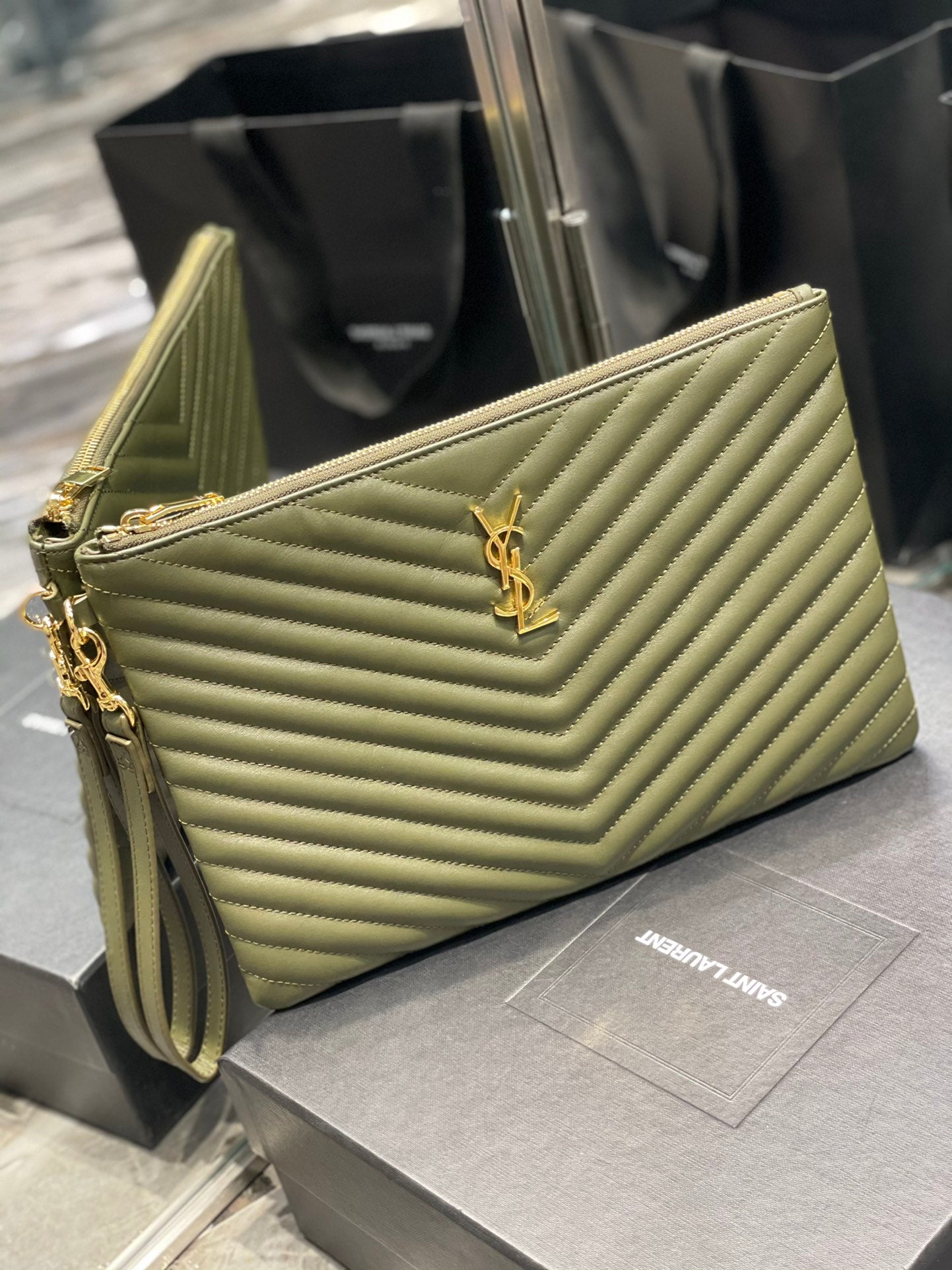 YSL_提花拼接文件手拿包-綠色金扣-30cm
