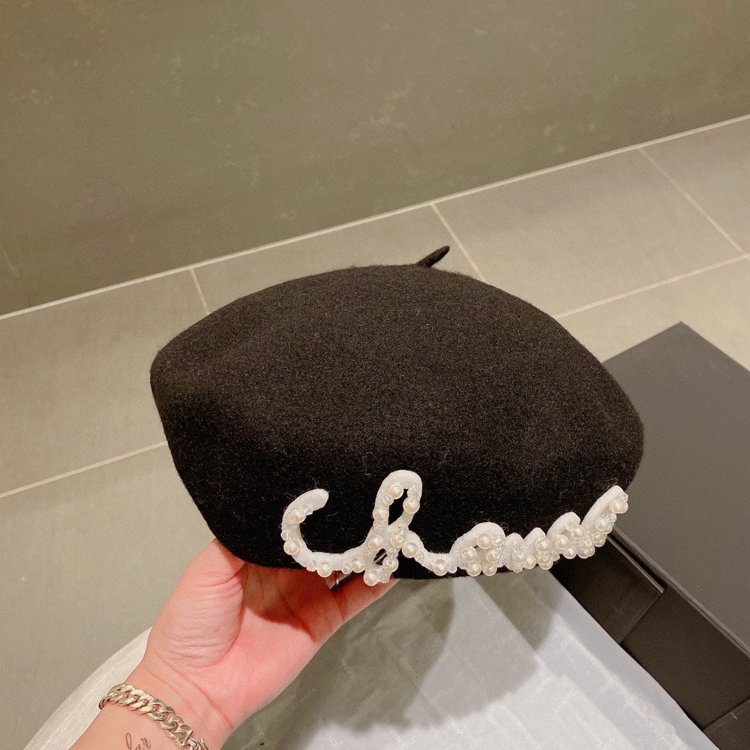 小香家-刺繡珍珠毛呢 貝雷帽 黑色