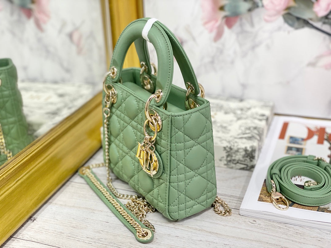 Dior-Mini Lady Dior手袋-三格黛妃-17cm-牛油果綠金扣
