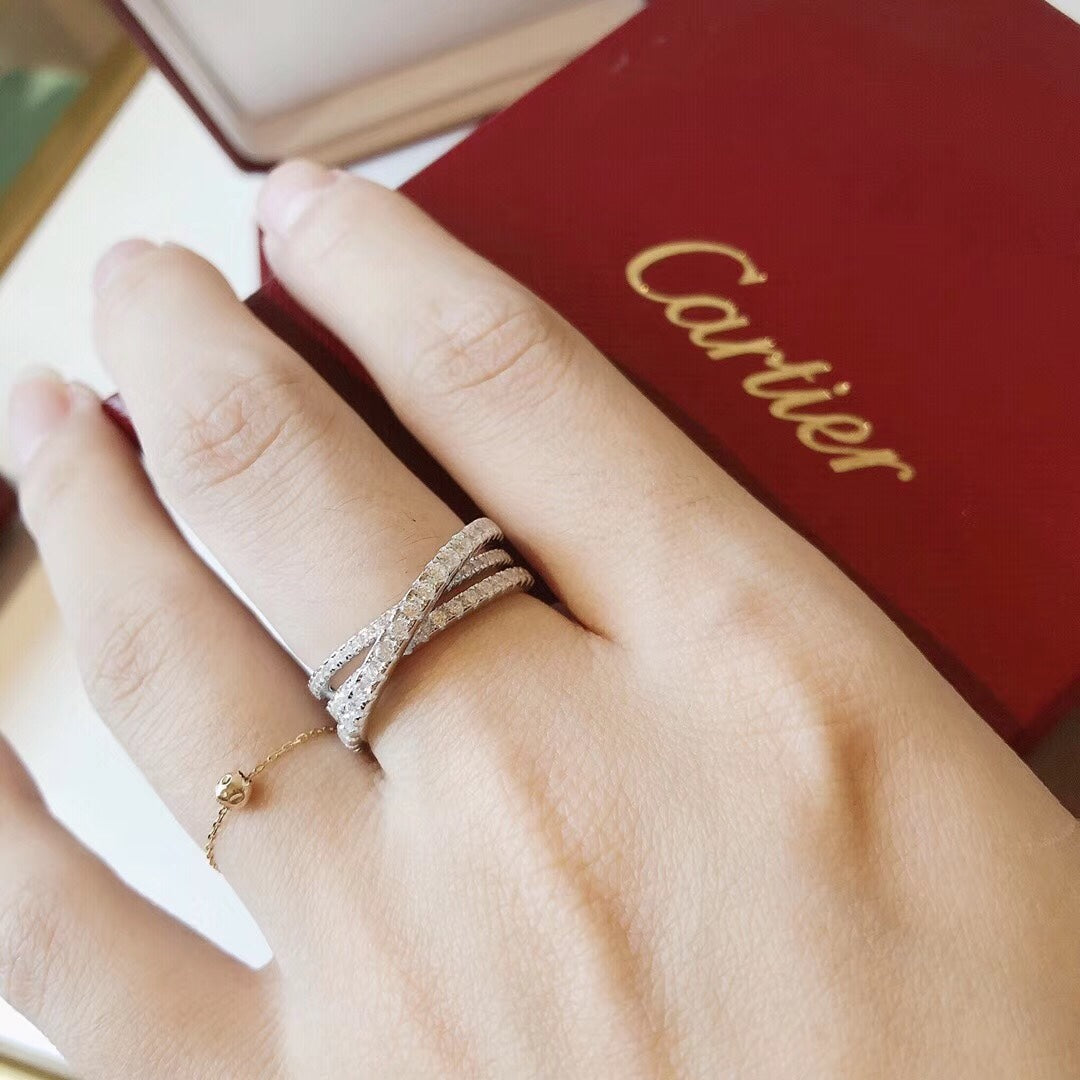 Cartier 窄版交叉戒指戒指-白金-三排鑽