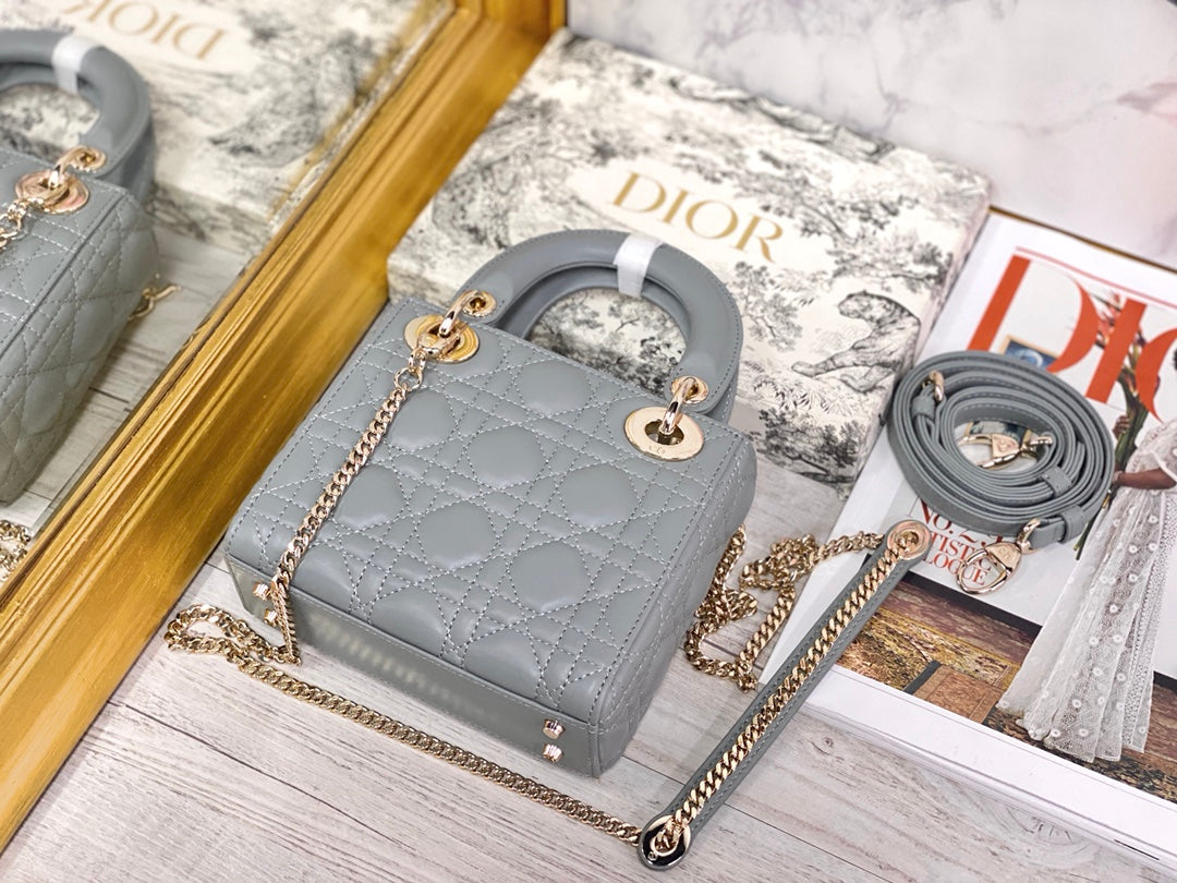 Dior-Mini Lady Dior手袋-三格黛妃-17cm-石灰色金扣