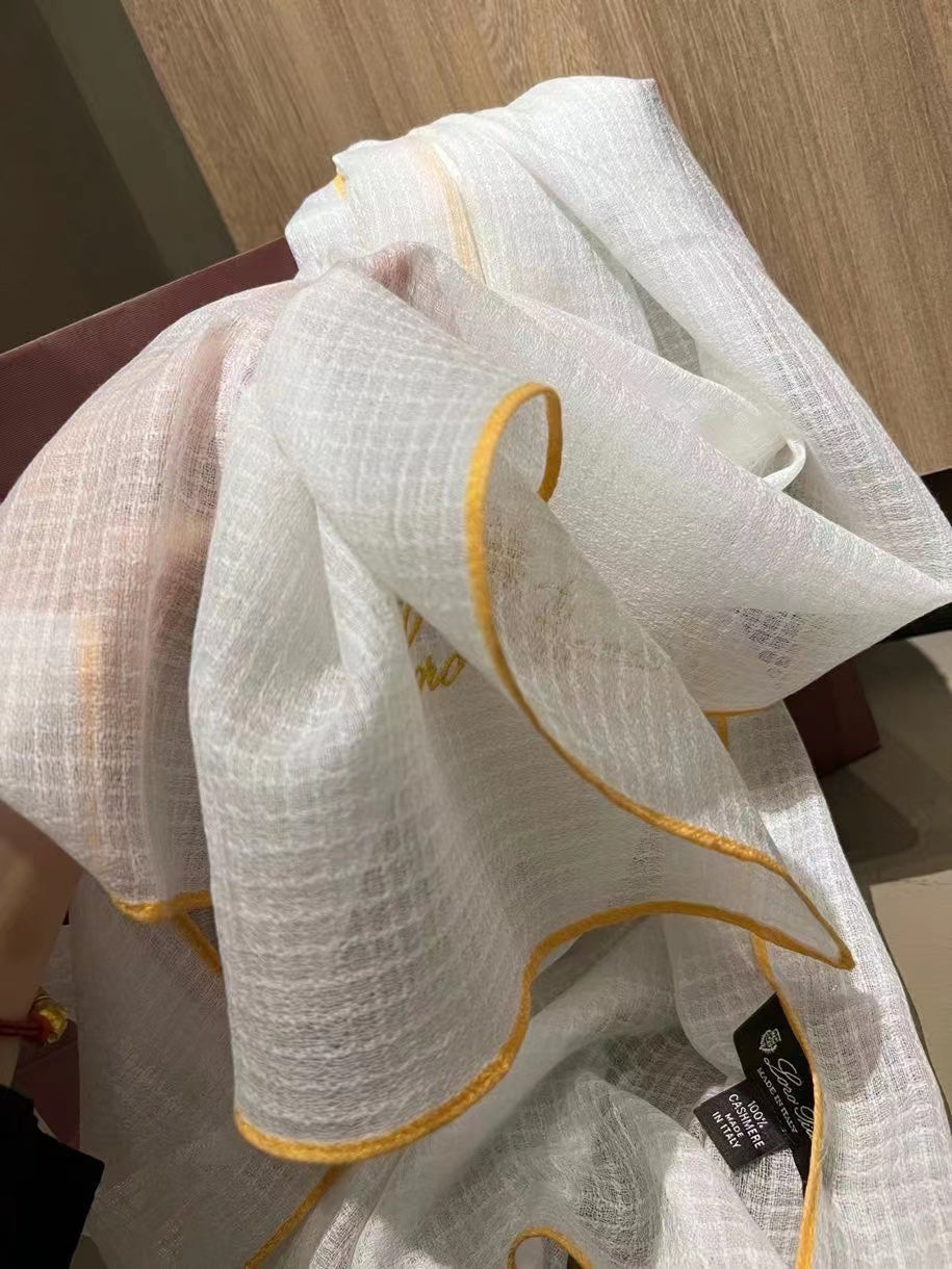 L-Piana 華夫格彩邊水毛刺繡長巾-100%羊絨-90*200cm
