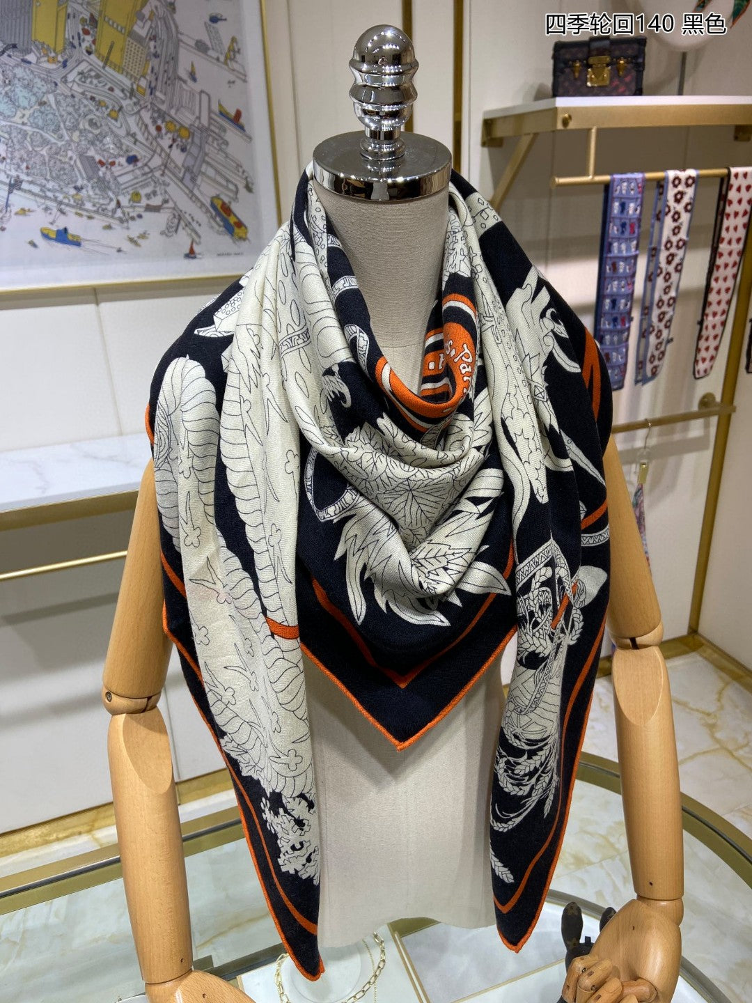 小愛款-四季輪迴雙面方形圍巾 140*140cm 70%羊絨+30%真絲 黑色