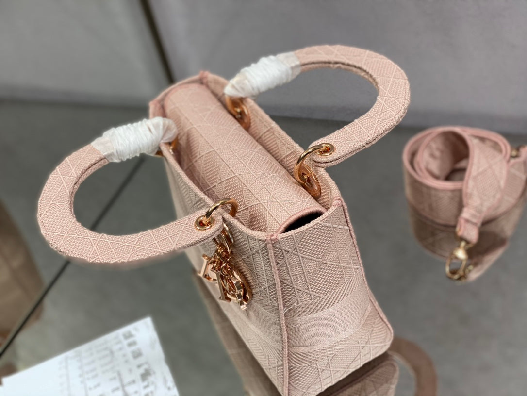 Dior Lady D-Lite黛妃包-刺繡粉色-24cm