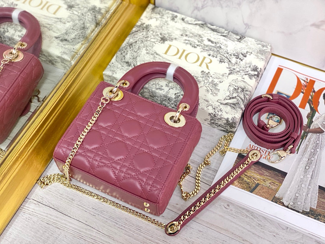 Dior-Mini Lady Dior手袋-三格黛妃-17cm-木槿粉金扣
