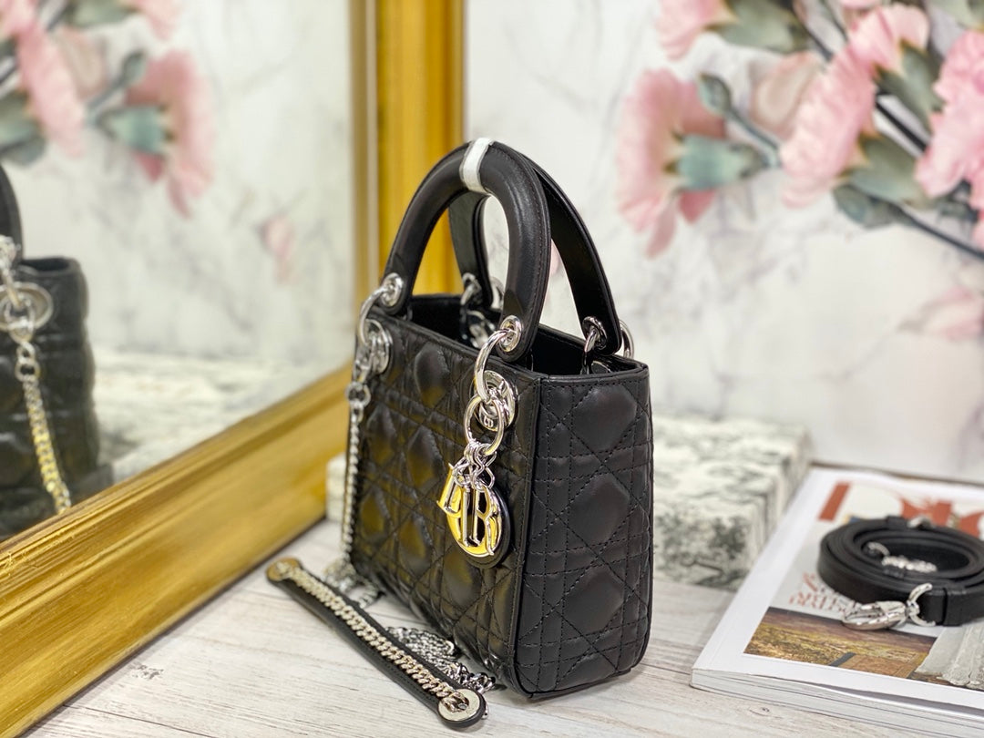 Dior-Mini Lady Dior手袋-三格黛妃-17cm-黑色銀釦