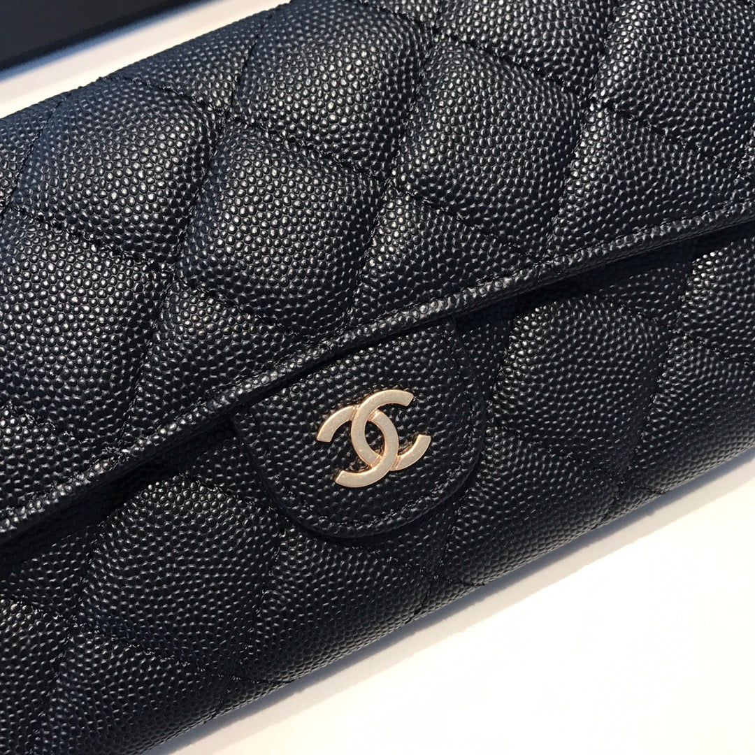 Chanel CF翻蓋長夾-黑色荔枝皮金釦