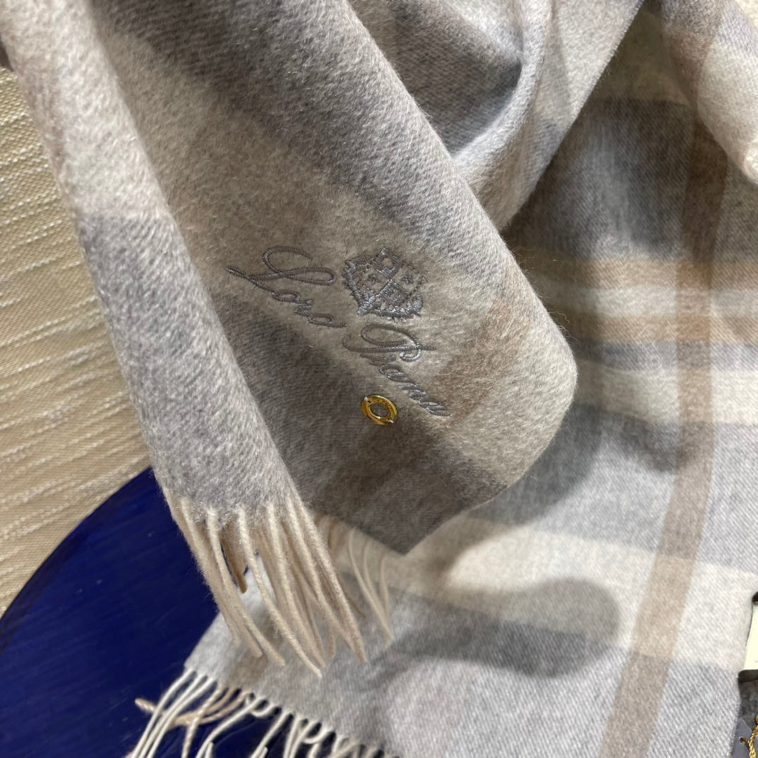 L-Piana-格子圍巾 30*168cm 100%羊絨 灰色