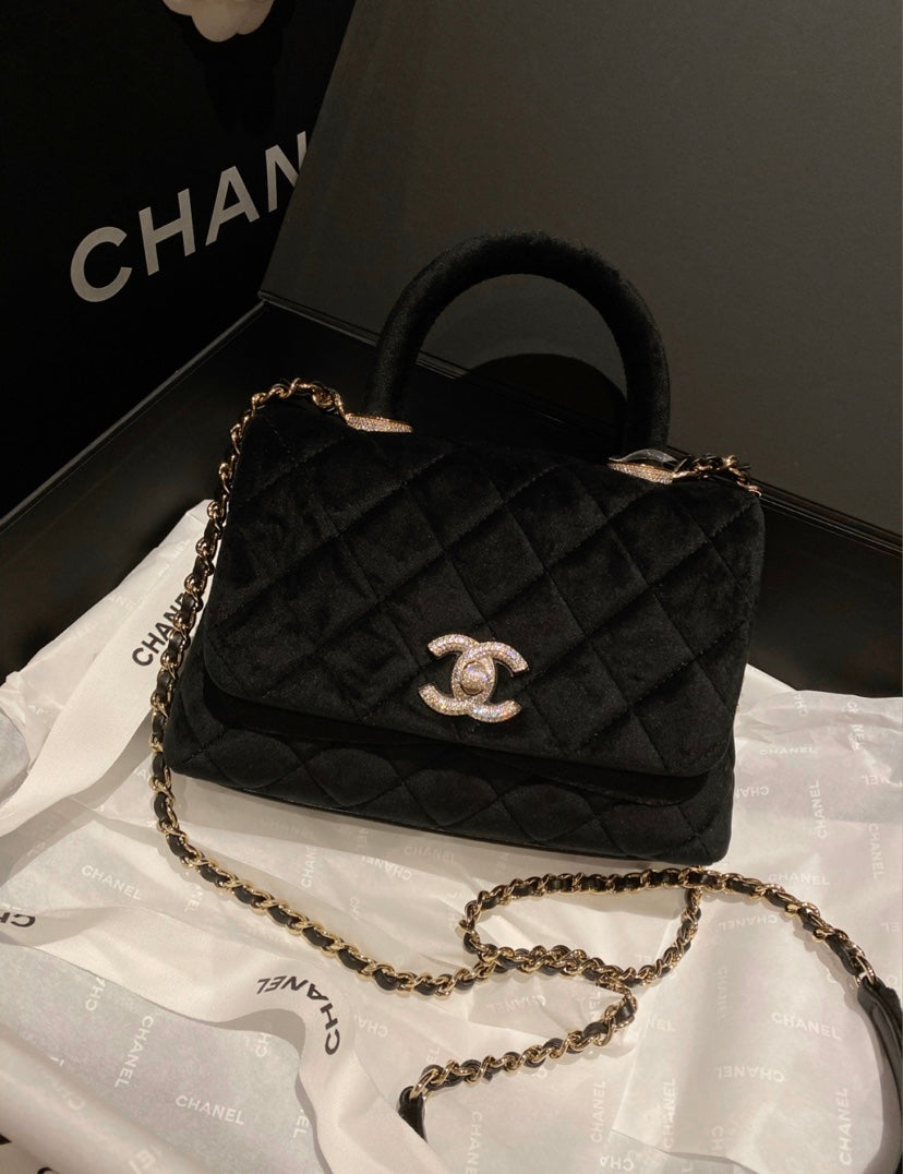 Chanel mini coco handle-黑色絲絨鑽扣