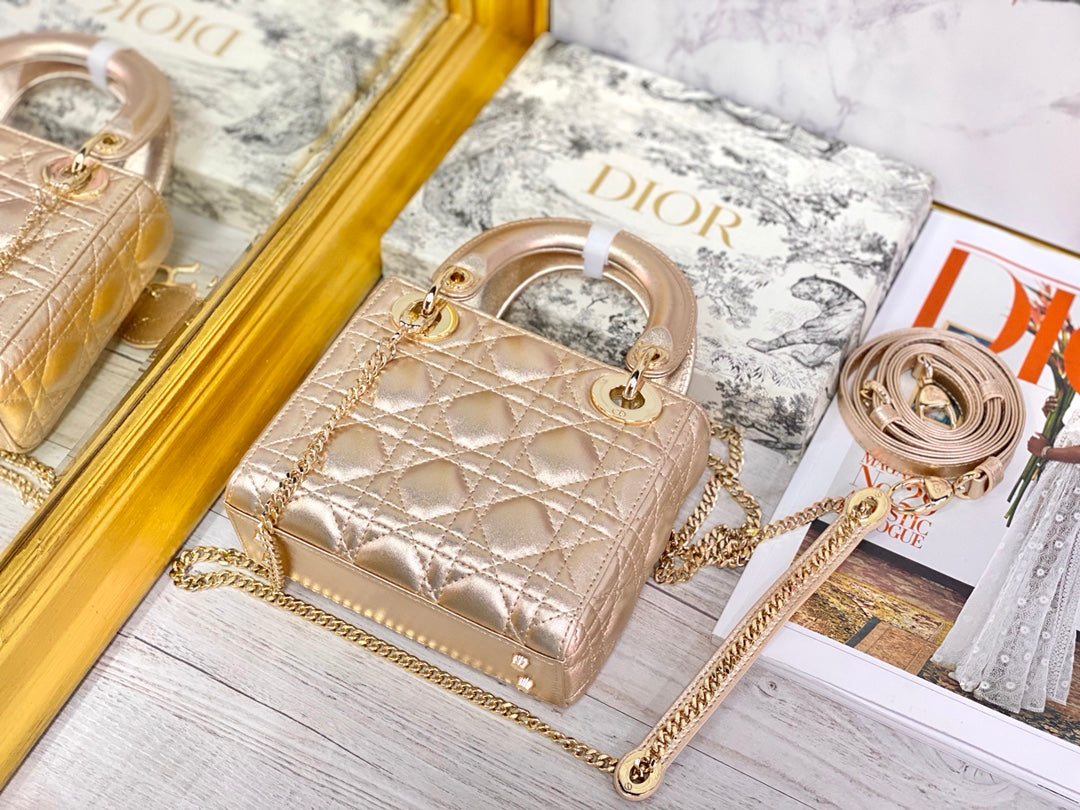 Dior-Mini Lady Dior手袋-三格黛妃-17cm-珠光金金扣