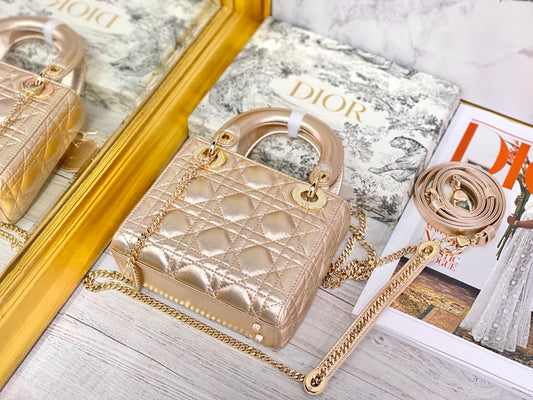 Dior-Mini Lady Dior手袋-三格黛妃-17cm-珠光金金扣