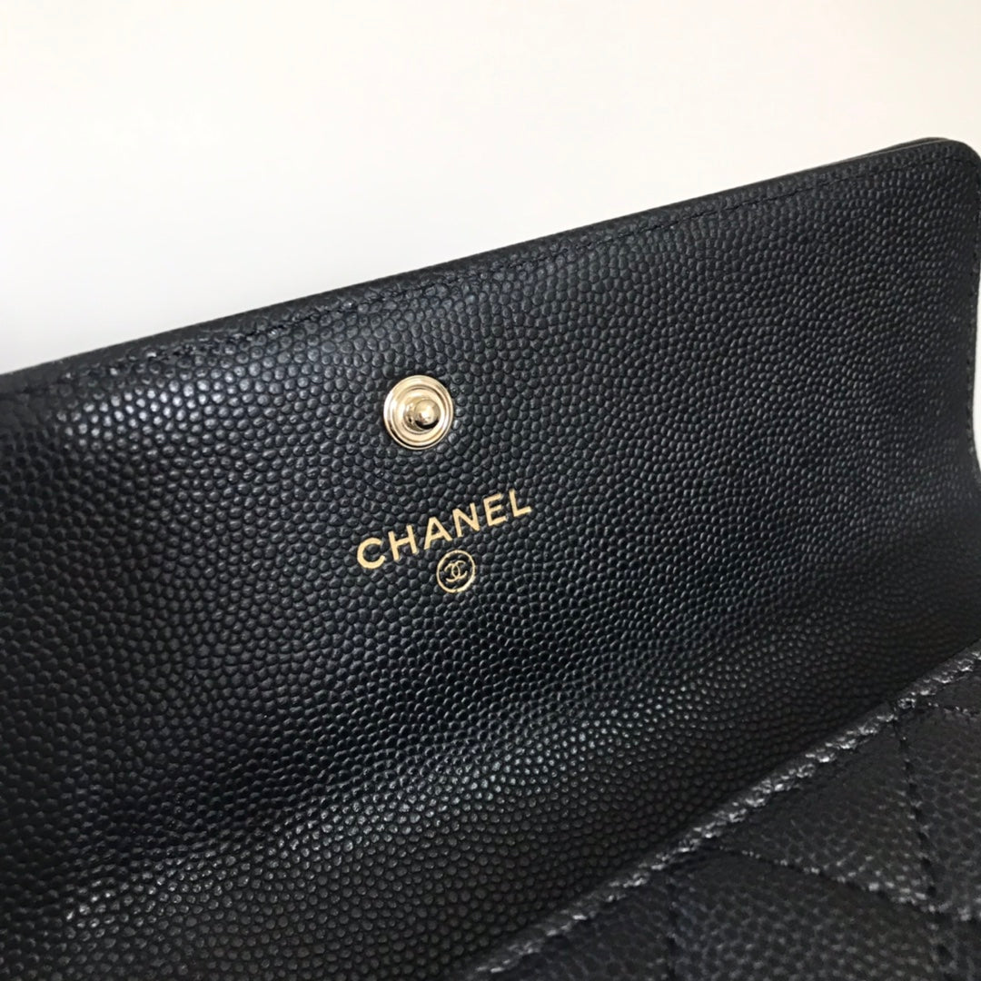 Chanel Leboy 翻蓋長夾-黑色荔枝皮金釦