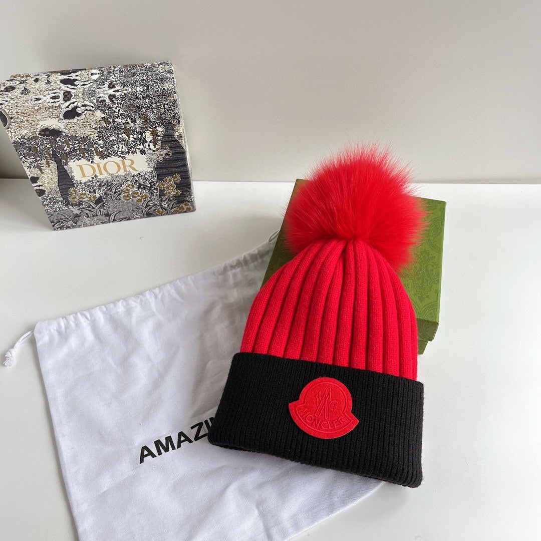 Moncler-狐狸毛球毛帽 紅色