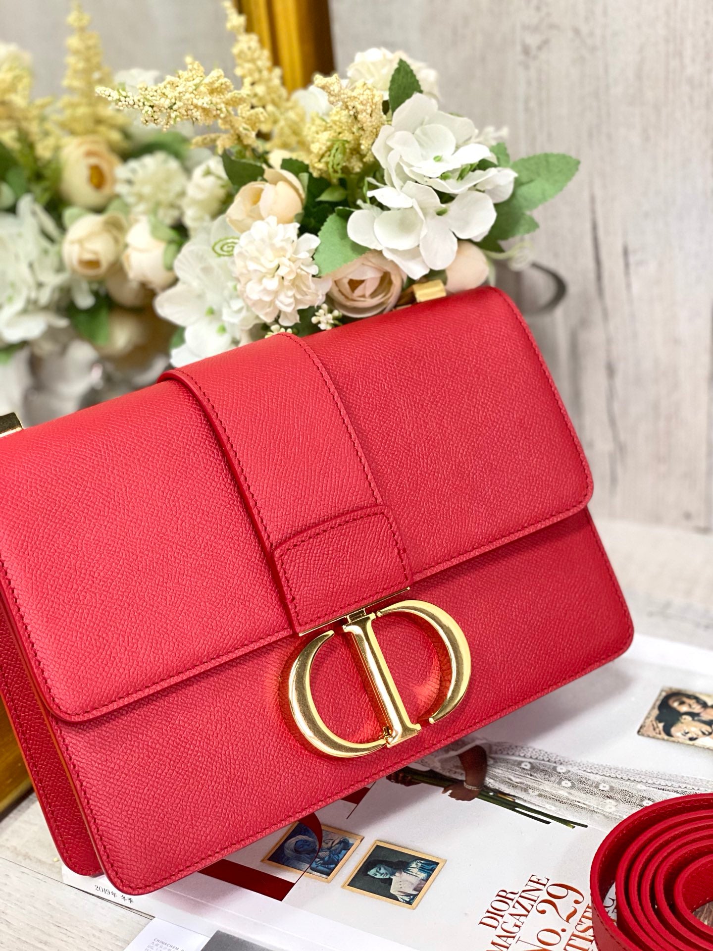Dior 蒙田 30 Montaigne系列-24cm-牛皮手掌紋-紅色金扣