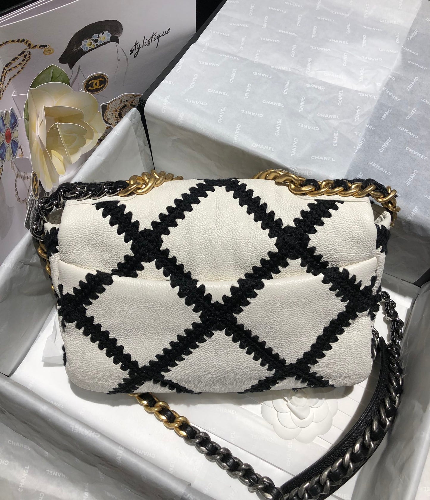 Chanel 19Bag 牛皮款-黑白格紋