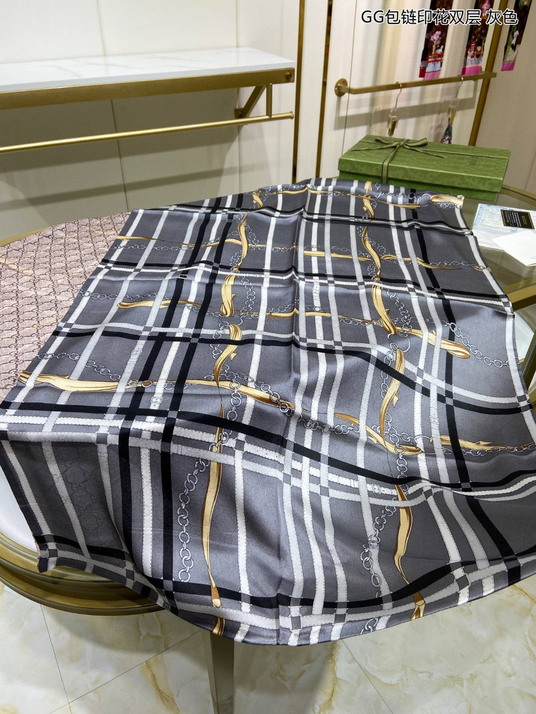 古G家-包鏈印花雙層圍巾 65*180cm 100%桑蠶絲