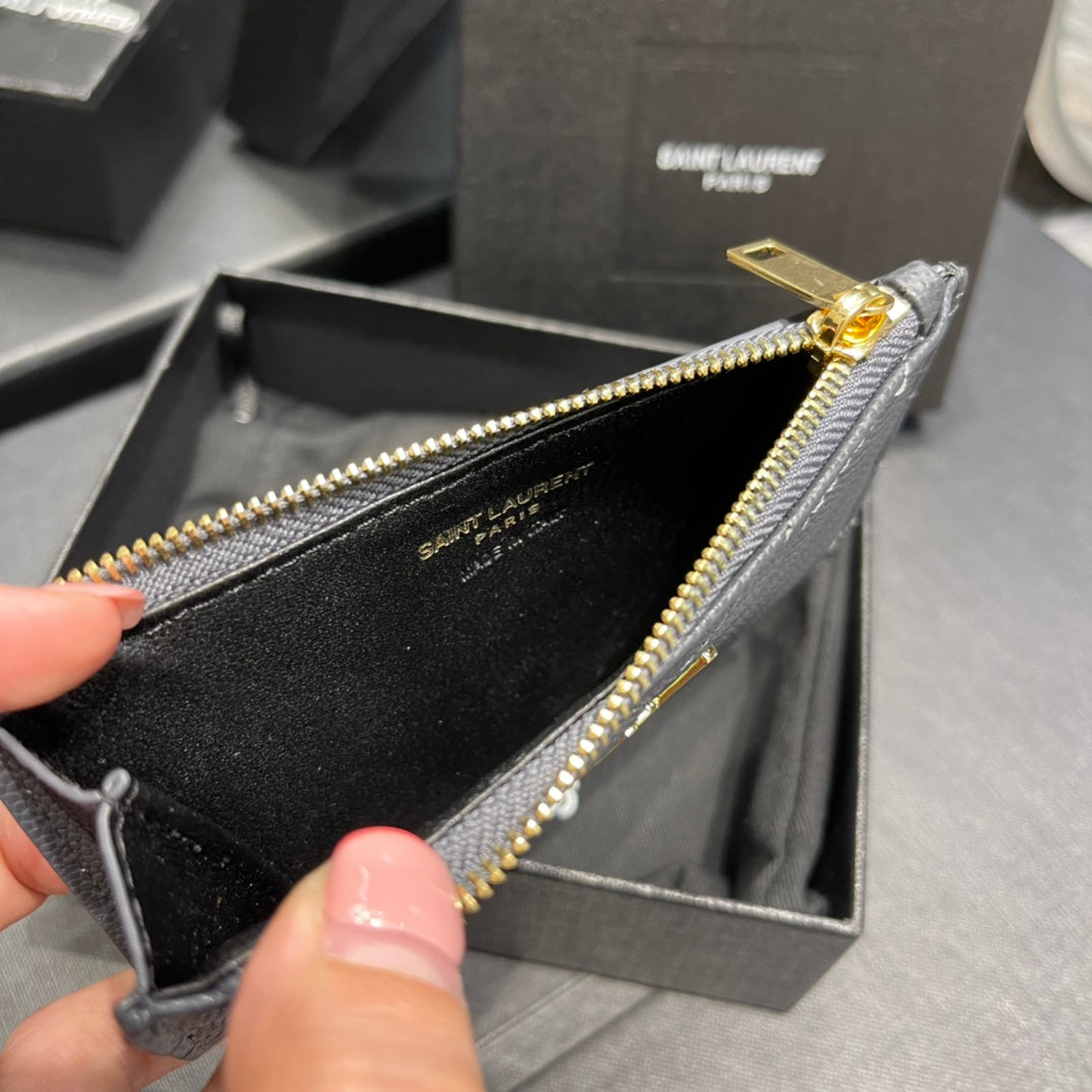 YSL 新品卡包-藍灰色金扣