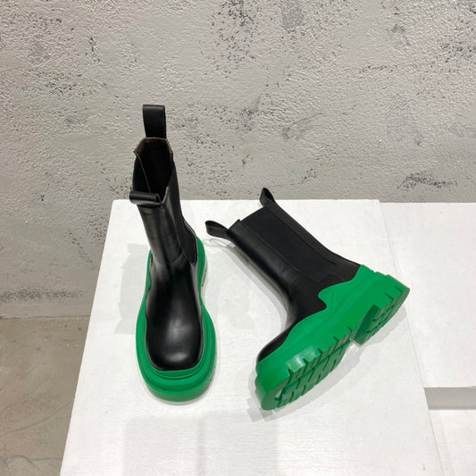 B編織-22SS 英倫復古中筒靴 男女同款 黑色綠底