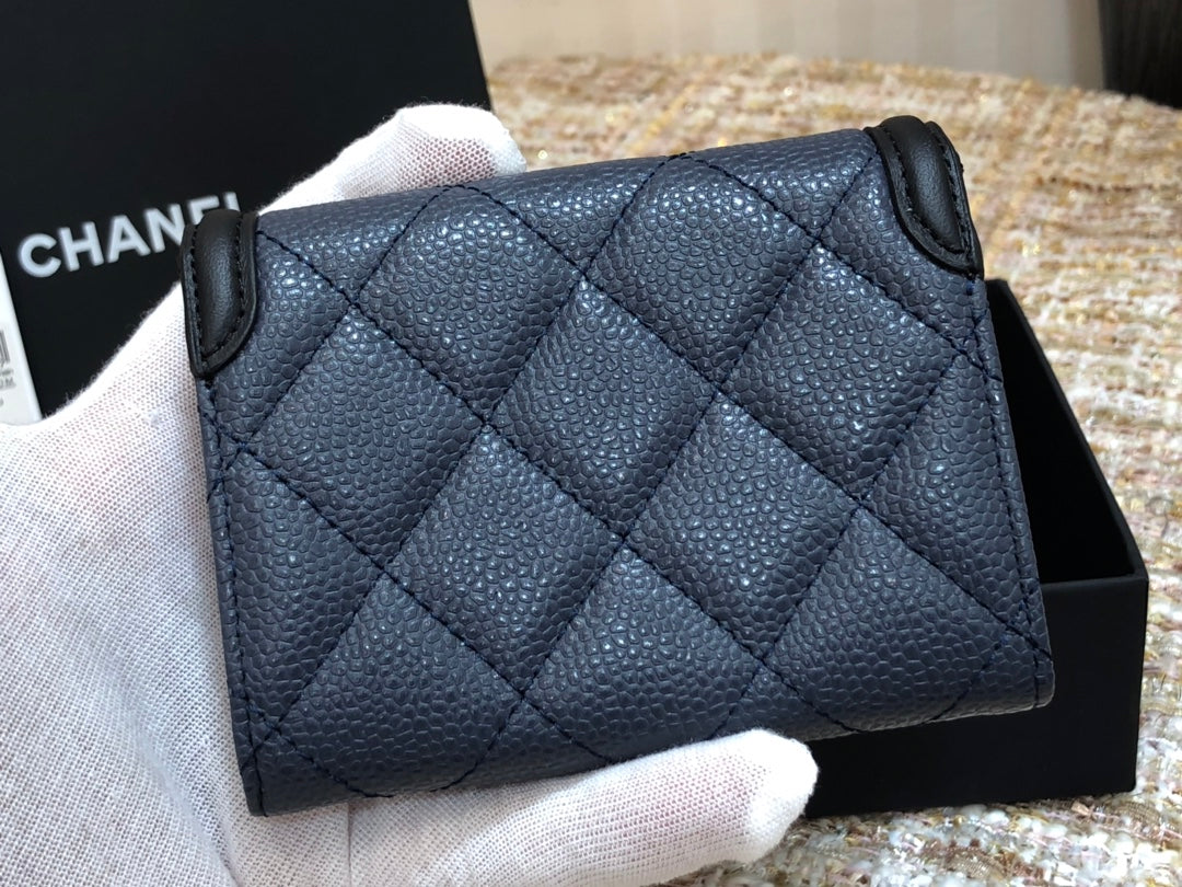 Chanel 復古CC荔枝牛皮-深藍色翻蓋雙層卡包-仿舊五金