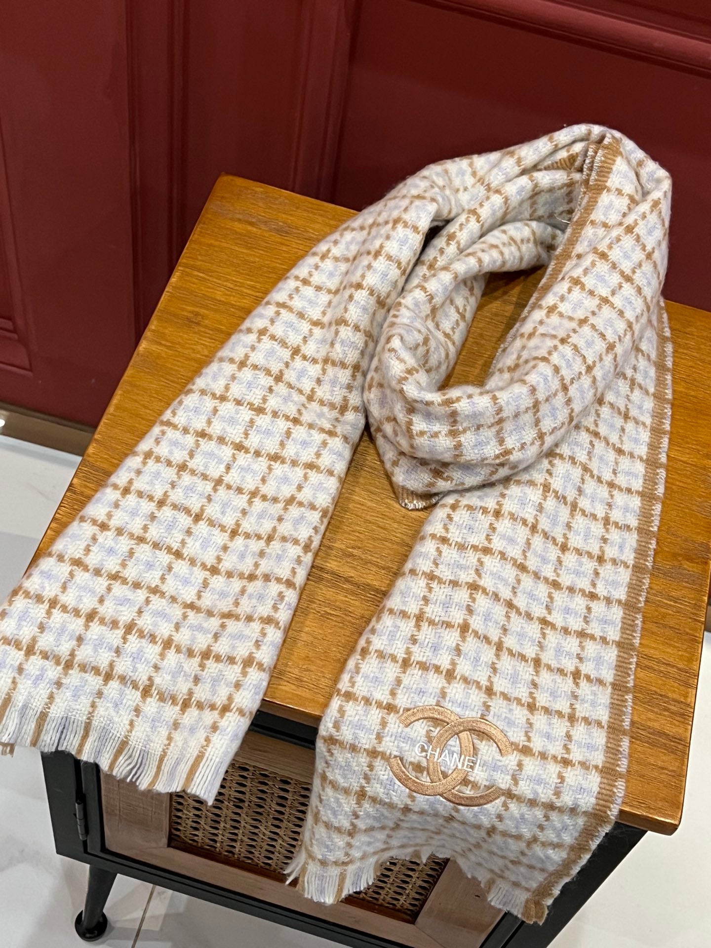 小香家-雙C編織格紋圍巾 190*32cm 100%頂級山羊絨 灰色