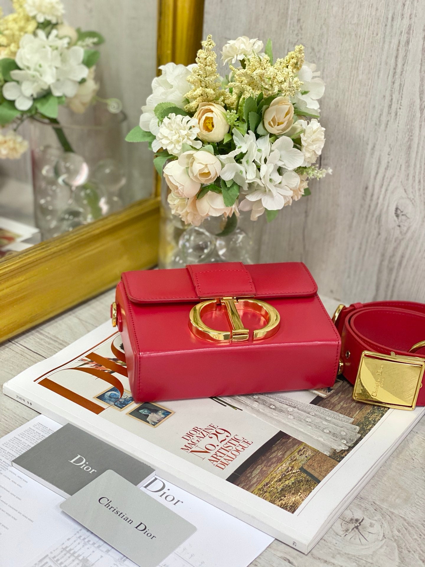 Dior 蒙田 Mini Box-平紋牛皮-金扣-17.5cm-紅色