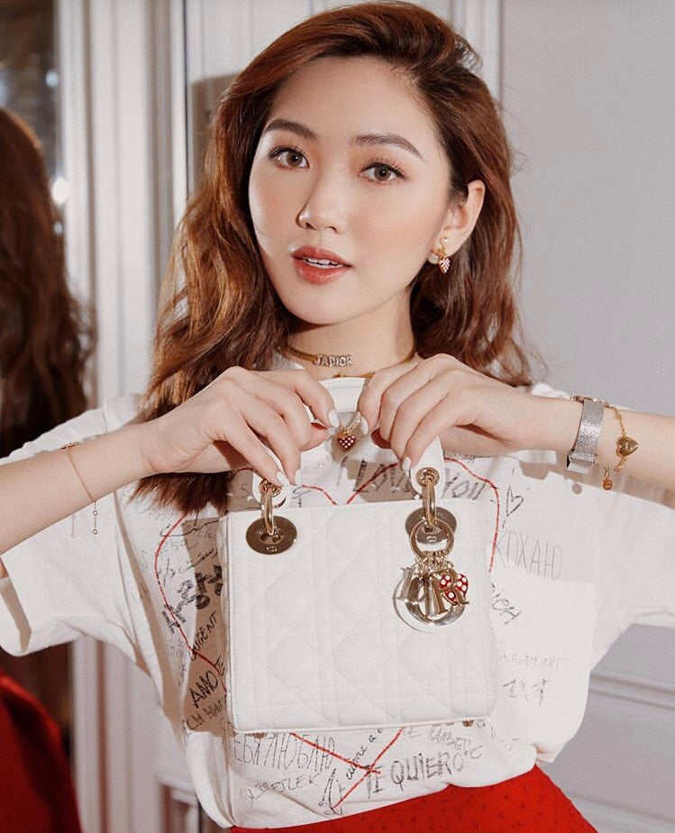 Dior Lady Dior-三格黛妃包-金扣+紅色珐瑯心型吊扣-17cm-白色