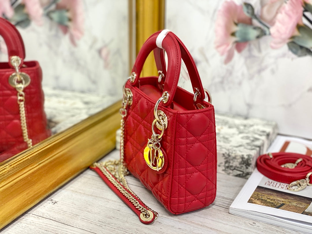 Dior-Mini Lady Dior手袋-三格黛妃-17cm -紅色金扣