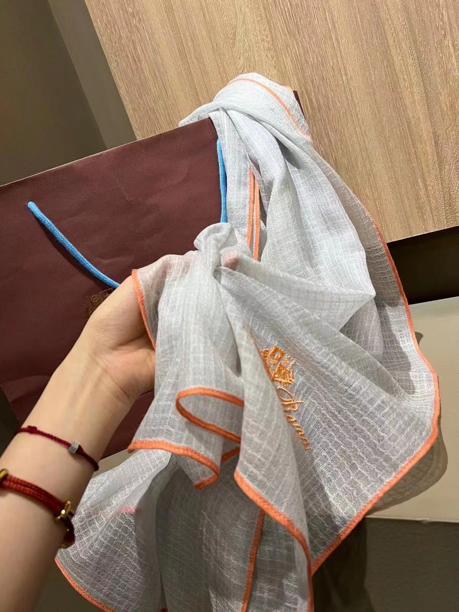 L-Piana 華夫格彩邊水毛刺繡長巾-100%羊絨-90*200cm