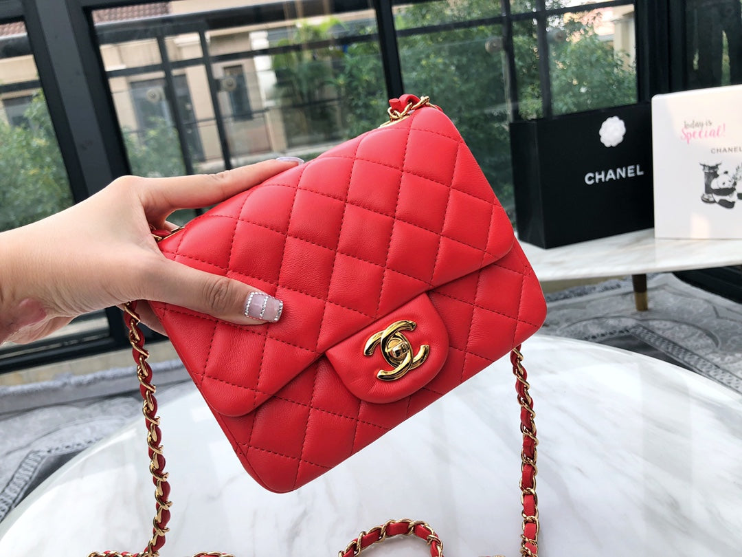 小香家-2019春夏 CF包方胖子 羊皮 紅色金扣 17cm