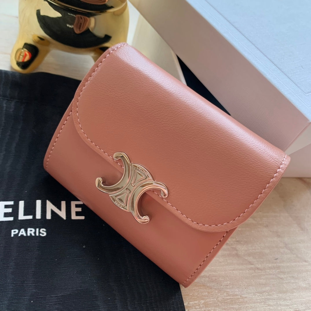 Celine TRIOMPHE 小號亮澤羊皮翻蓋錢包-玫瑰粉-銀扣