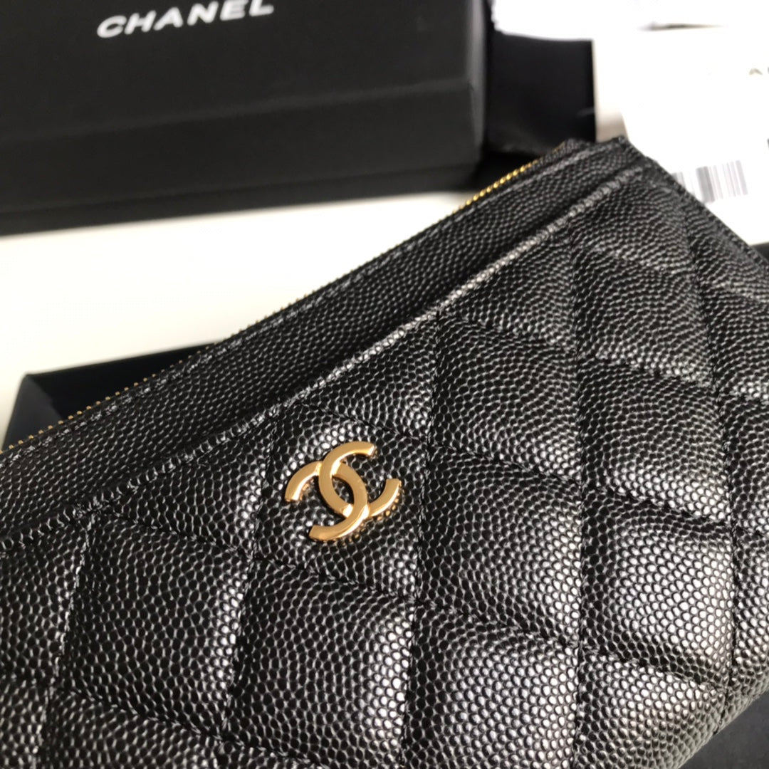 Chanel 拉鍊長夾卡包-扁長夾-黑色荔枝皮金釦