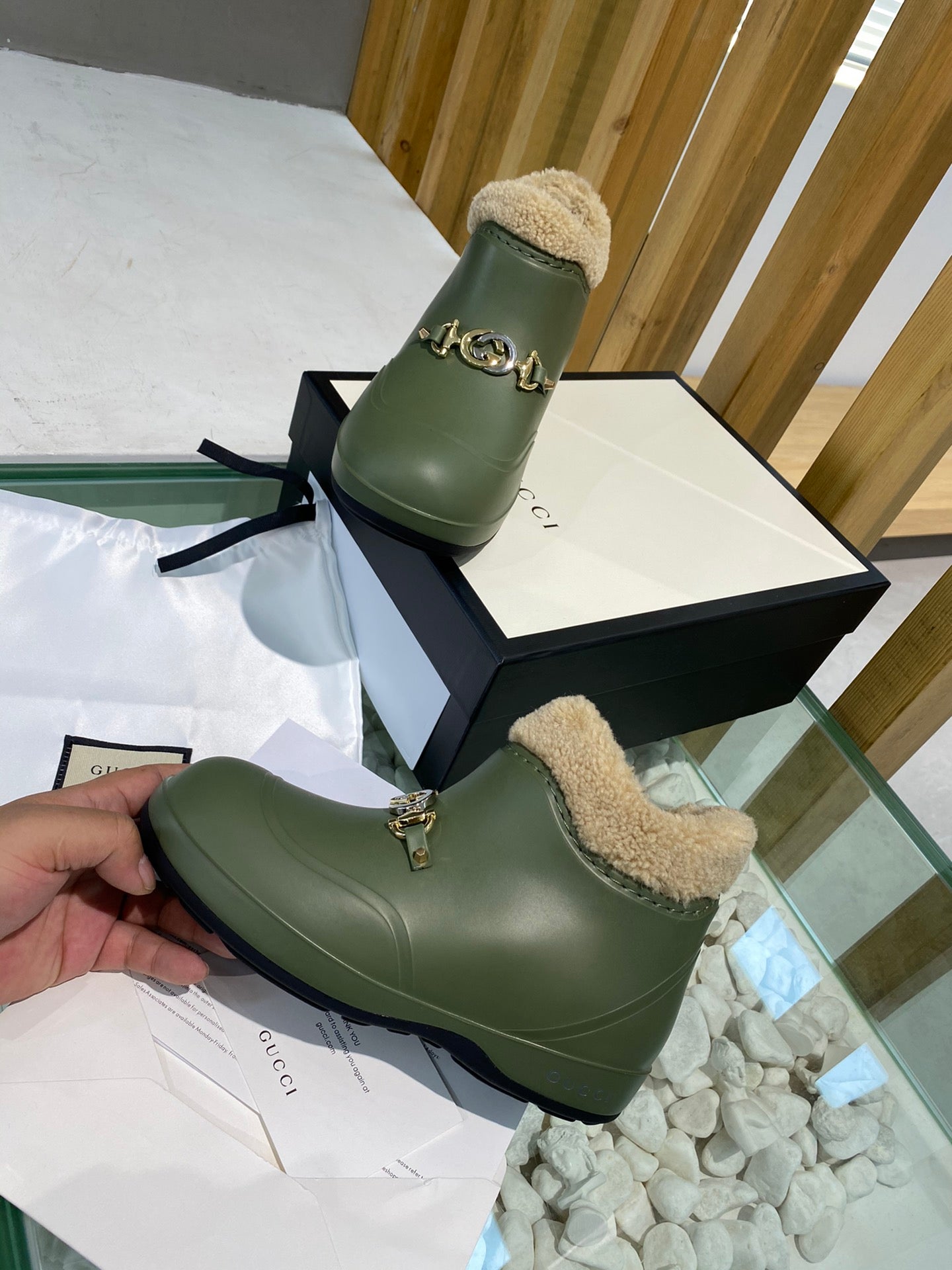 古G家-IP橡膠發泡 毛毛保暖雨靴 軍綠色