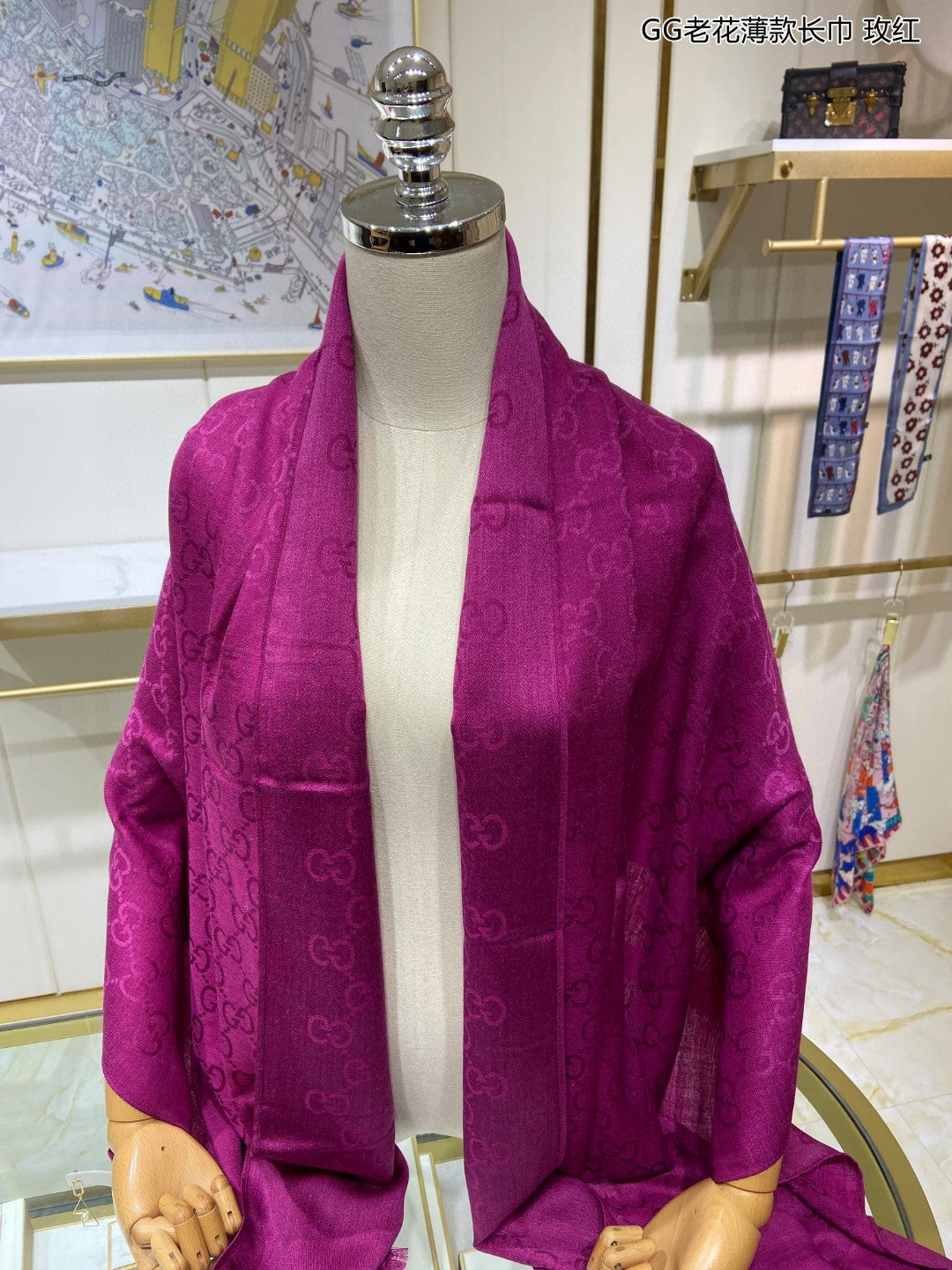 古G家-老花薄款長圍巾 70*200cm 米爾羊毛真絲 酒紅色