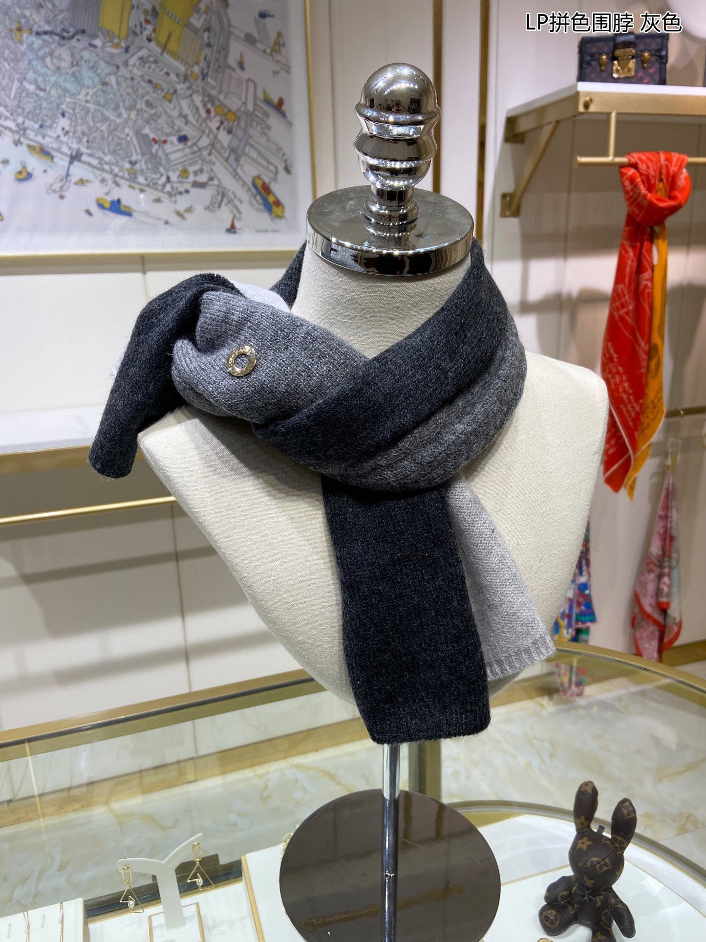 L-Piana-拼色圍巾 33*95cm 100%山羊絨 藍色