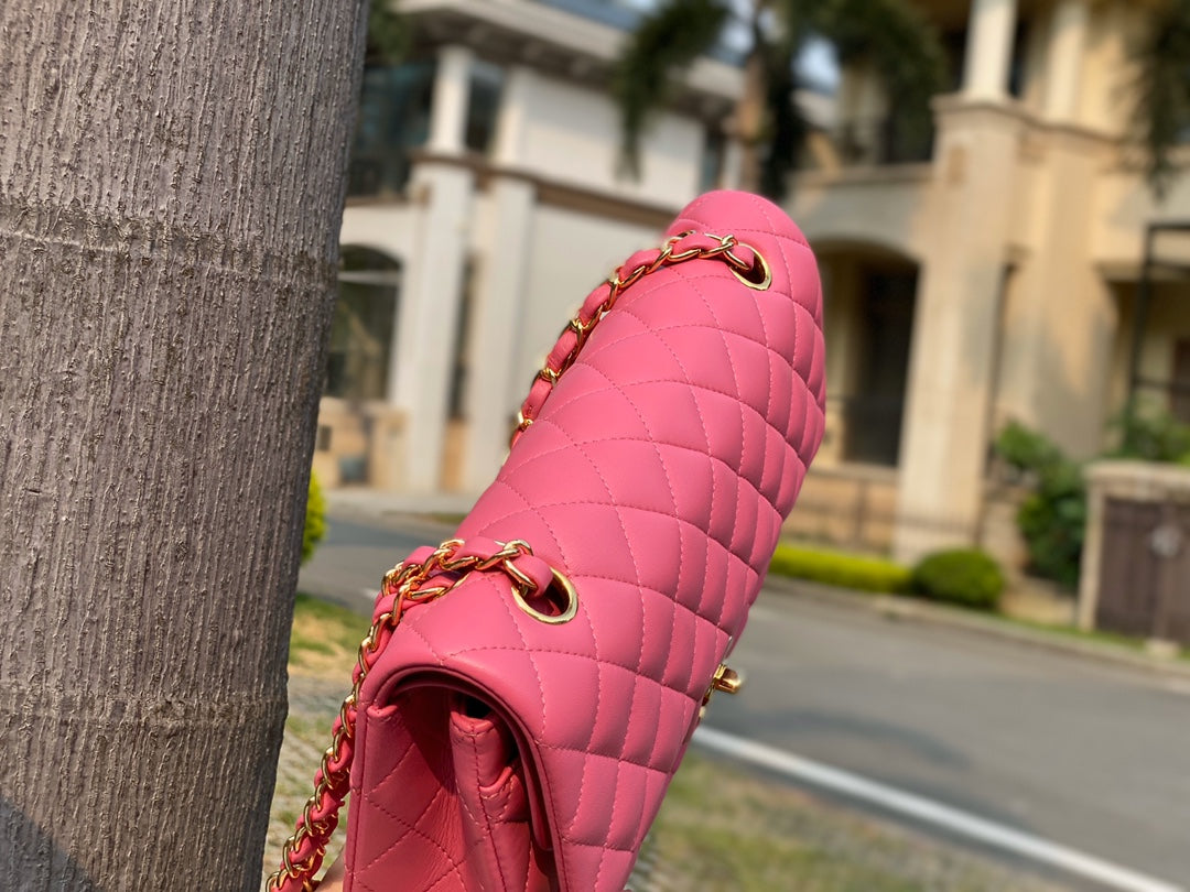 小香家-經典羊皮 CF包 桃粉色金扣 25cm