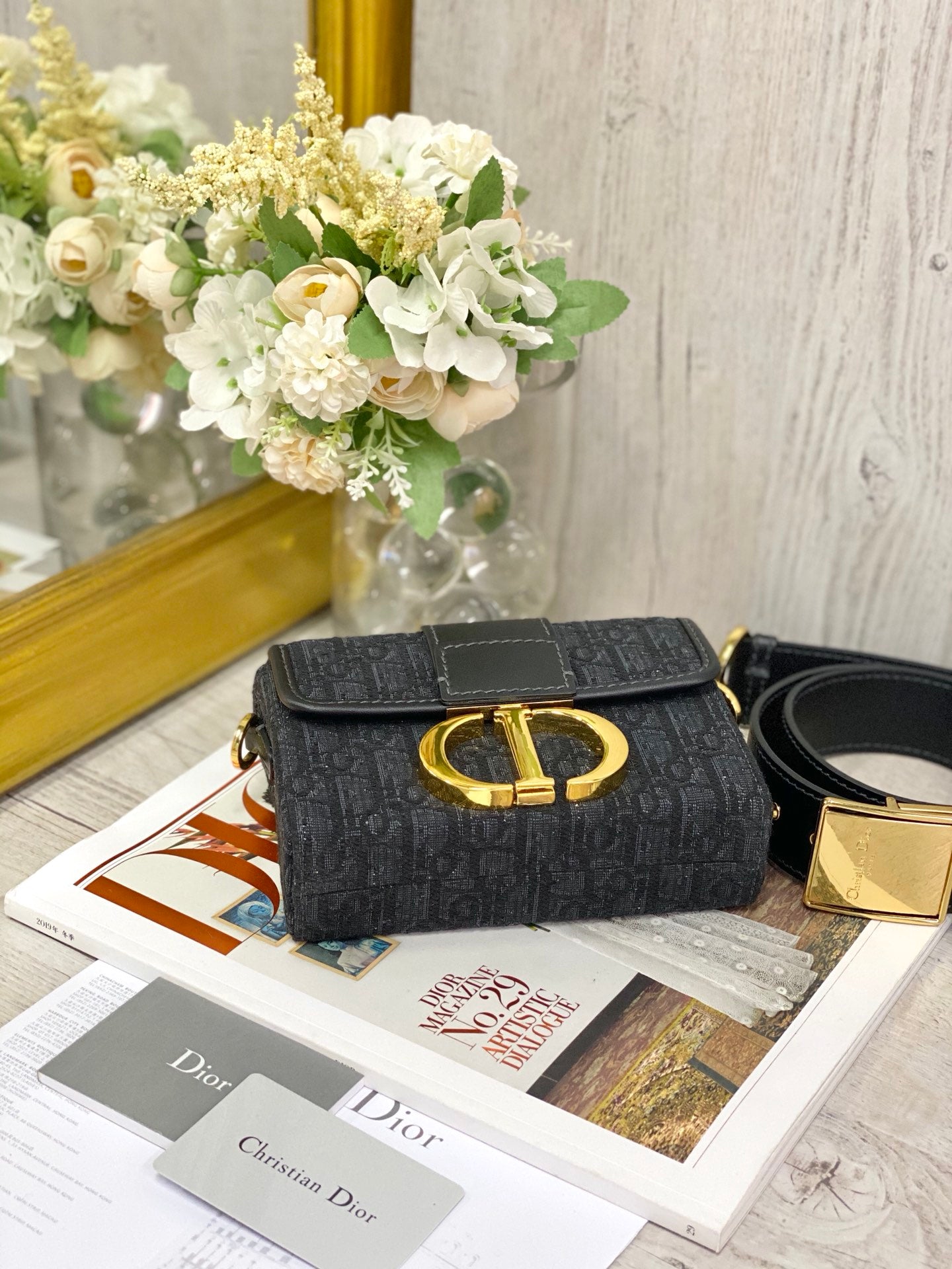 Dior 蒙田 Mini Box-帆布刺繡-金扣-17.5cm-黑