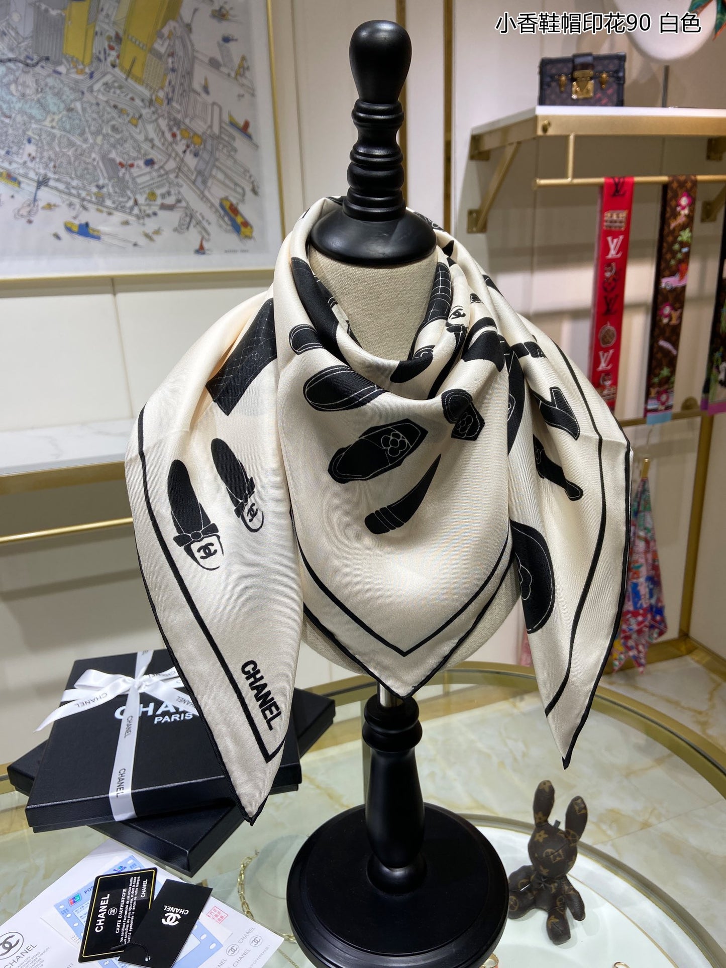 Chanel 鞋帽印花真絲方巾