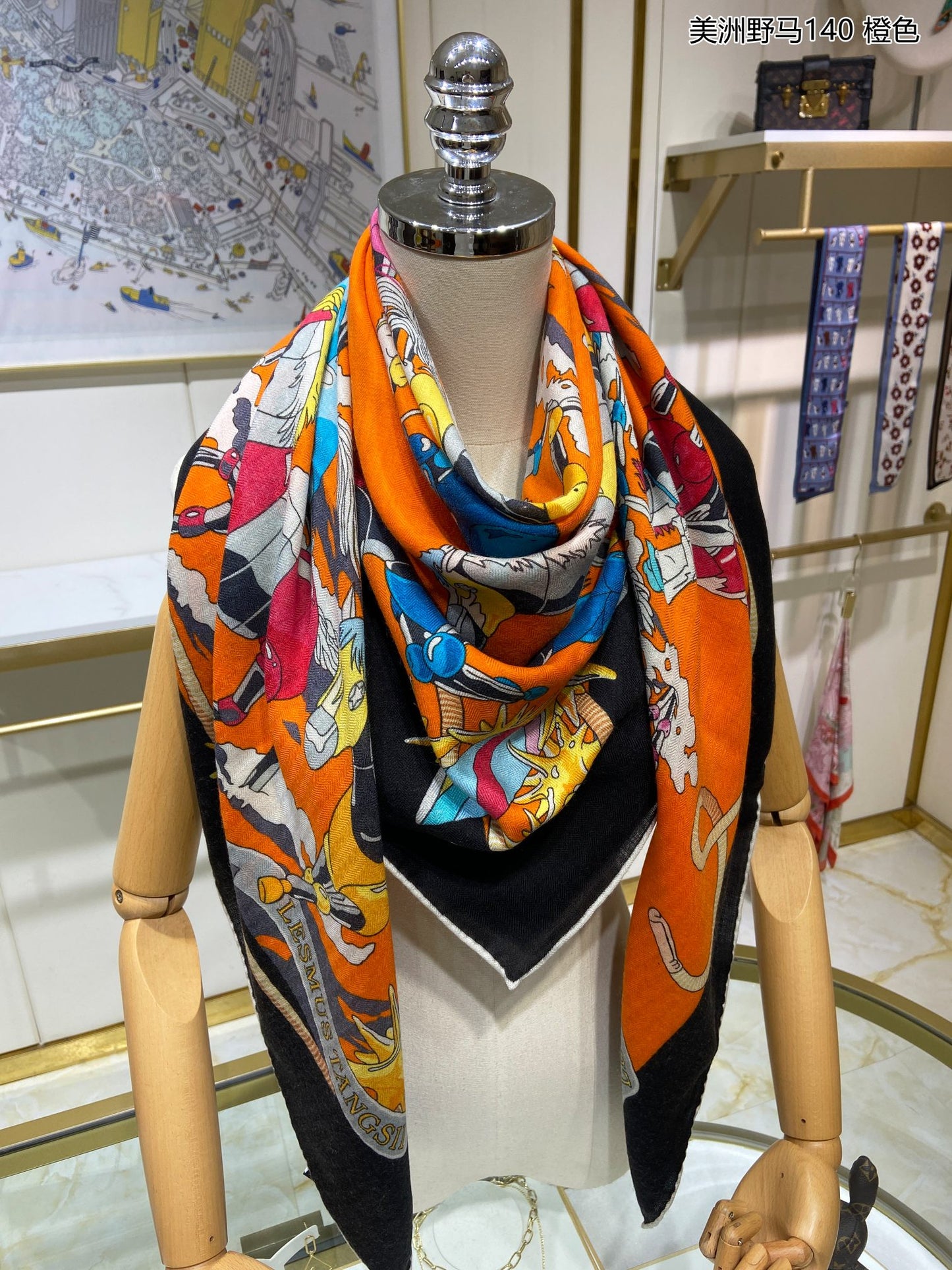 小愛款-美洲野馬方形圍巾 140cm140cm 70%羊絨+30%真絲 橘色