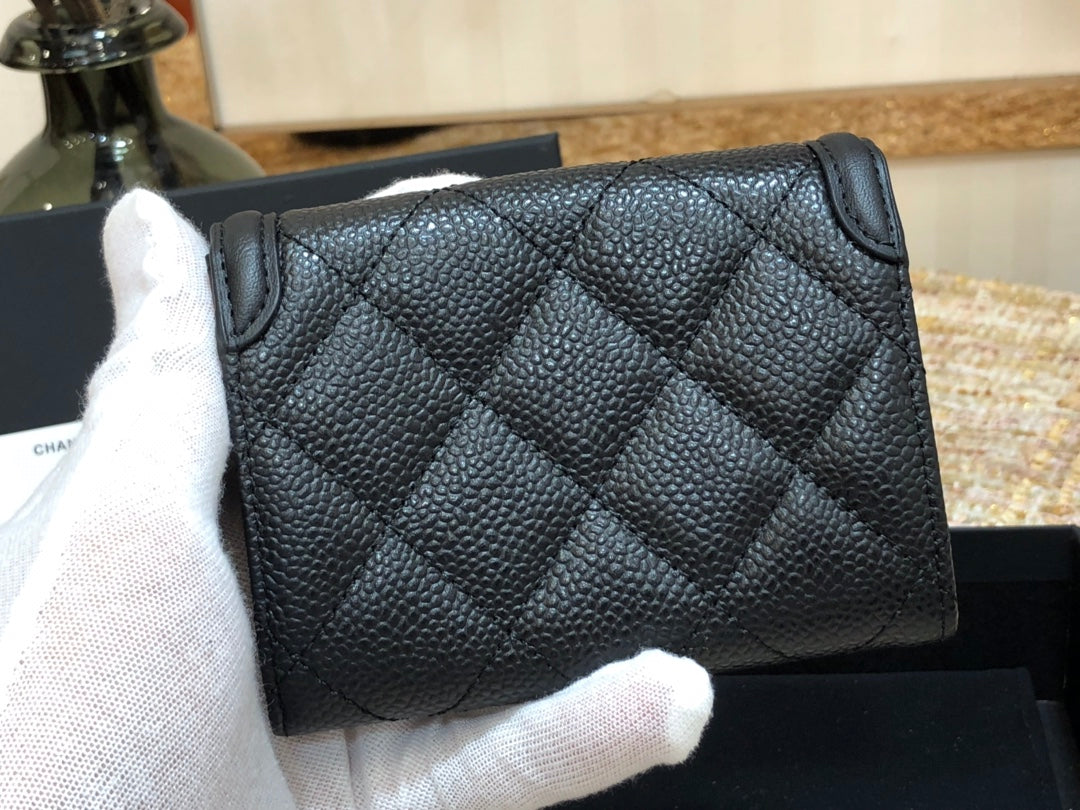 Chanel 復古CC荔枝牛皮-黑色翻蓋雙層卡包-仿舊五金
