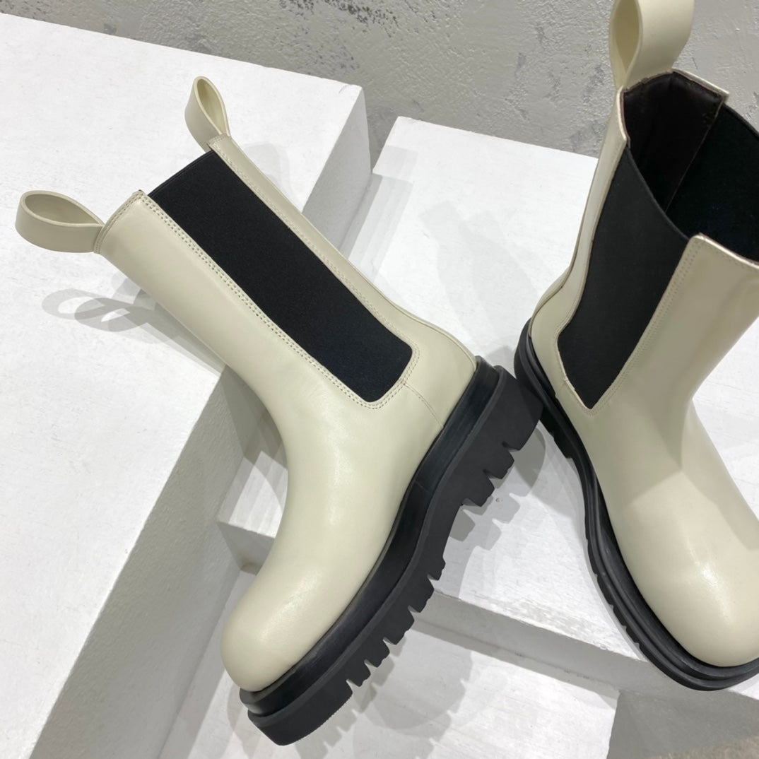 B編織-22SS 英倫復古中筒靴 男女同款 白色黑底