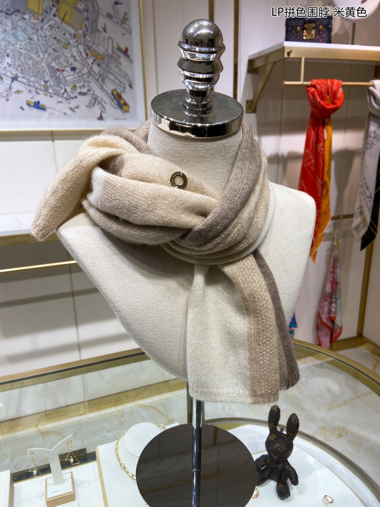 L-Piana-拼色圍巾 33*95cm 100%山羊絨 杏色