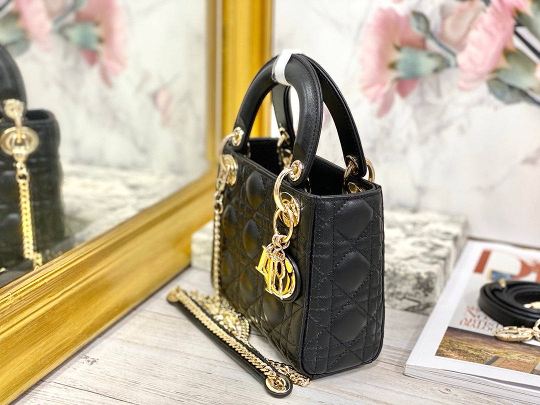 Dior-Mini Lady Dior手袋-三格黛妃-17cm-黑色金扣